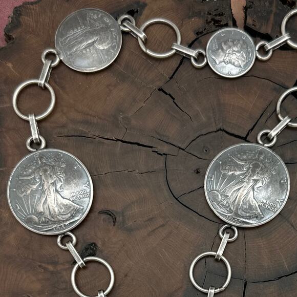 BUFFALO DANCER Taos Silver Necklace 7 Vintage Coins Peace Dollar Walking Liberty - Picture 3 of 5